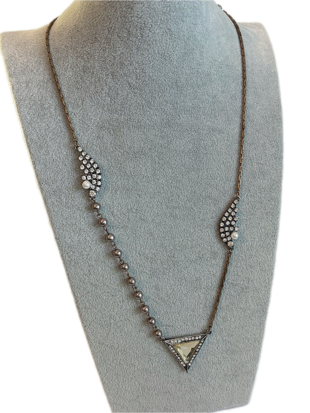 Abstract Mismatched Silver-Tone Crystal Accent Triangle Pendant Necklace